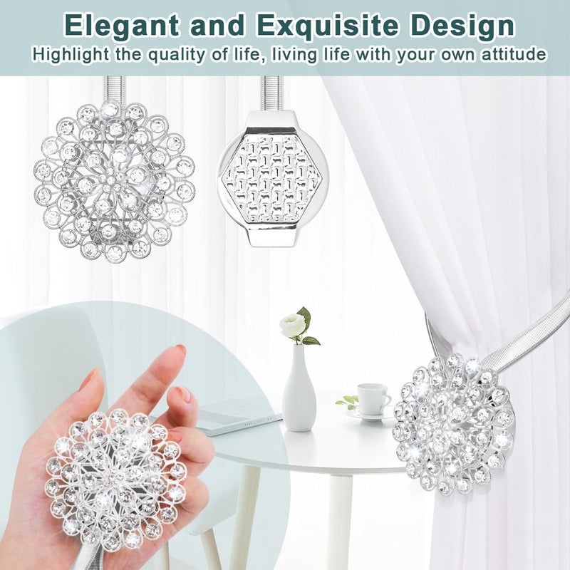 AULEEP Magnetic Curtain Tiebacks, 4 Pack Magnetic Crystal Decorative Drapes Curtain Clips Buckle, Flower Curtain Tie Back, European and American Style (Silver) - Image 5